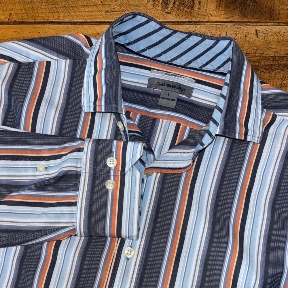 Johnston & Murphy Mens Blue Orange‎ Multi Striped Button Down Dress Shirt Size L